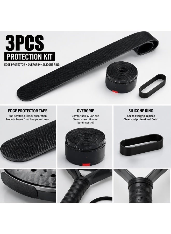 Vortexia Padel Racket Protection Kit Edge Protector Tape + Overgrip + Silicone Ring Anti Scratch Shock Absorption Universal Fit  Set Black - Image 3