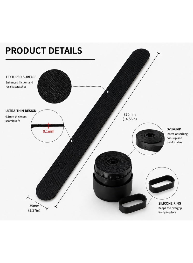 Vortexia Padel Racket Protection Kit Edge Protector Tape + Overgrip + Silicone Ring Anti Scratch Shock Absorption Universal Fit  Set Black - Image 2