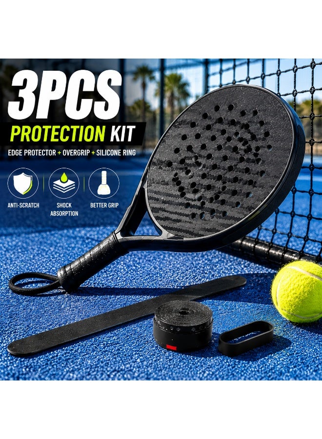 Vortexia Padel Racket Protection Kit Edge Protector Tape + Overgrip + Silicone Ring Anti Scratch Shock Absorption Universal Fit  Set Black - Image 4