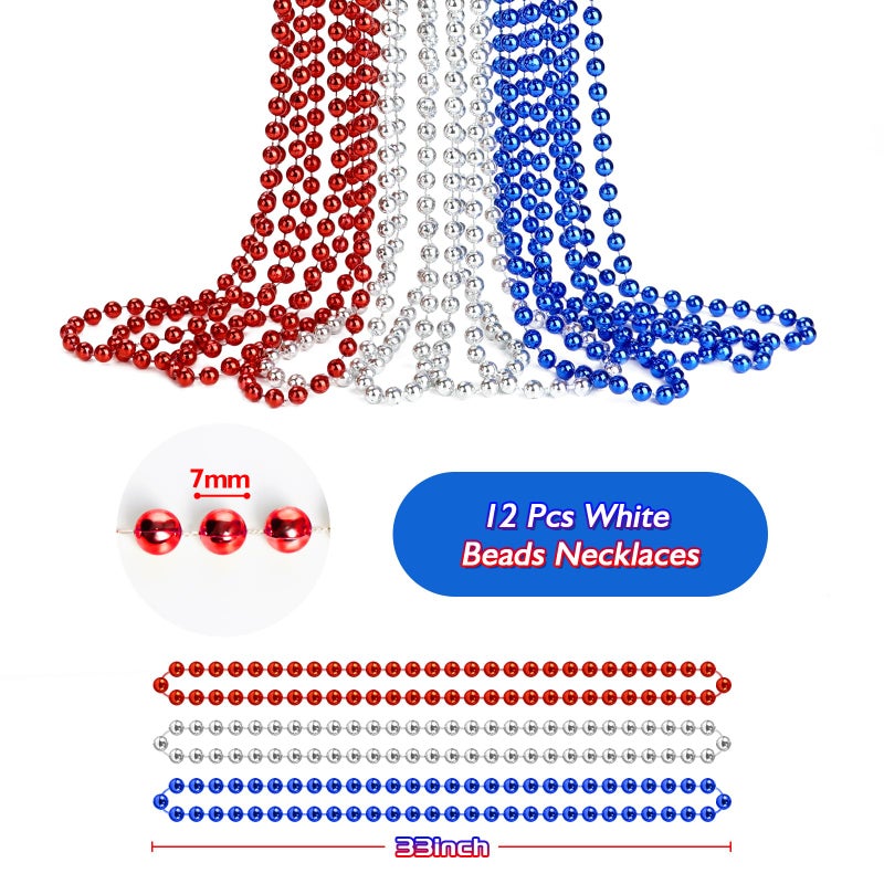 ZZYFGH 12 Pcs 4th of July Beaded Necklace 33'' 7mm Metallic Red/Silver/Blue Bead Necklace Bulk, Mardi Gras Round Beaded Necklaces for July 4th Party Favors Costume Necklace (12 Pcs) - Image 2