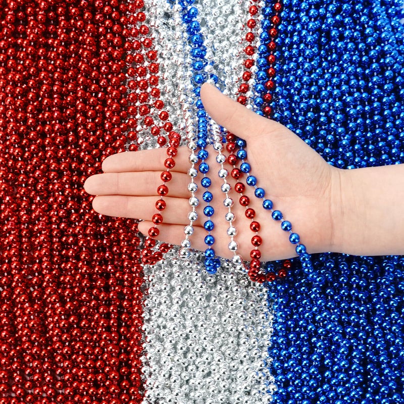 ZZYFGH 12 Pcs 4th of July Beaded Necklace 33'' 7mm Metallic Red/Silver/Blue Bead Necklace Bulk, Mardi Gras Round Beaded Necklaces for July 4th Party Favors Costume Necklace (12 Pcs) - Image 3