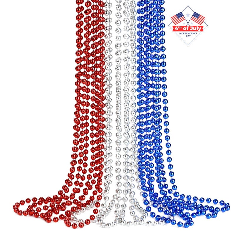 ZZYFGH 12 Pcs 4th of July Beaded Necklace 33'' 7mm Metallic Red/Silver/Blue Bead Necklace Bulk, Mardi Gras Round Beaded Necklaces for July 4th Party Favors Costume Necklace (12 Pcs) - Image 1