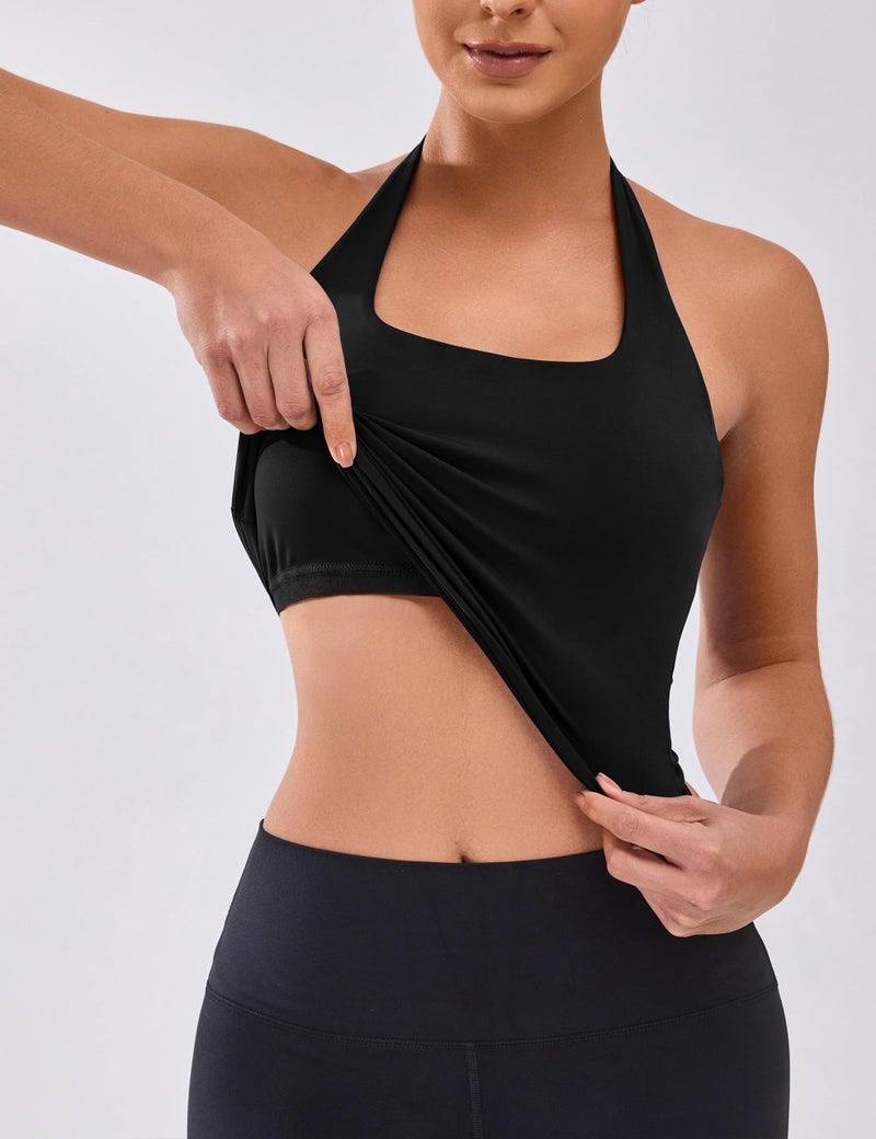 BMJL Womens Halter Built in Bra Workout Sports Tank Tops Buttery Longline Stappy Gym Crop Topsï¼ˆL, Blackï¼‰ - Image 2