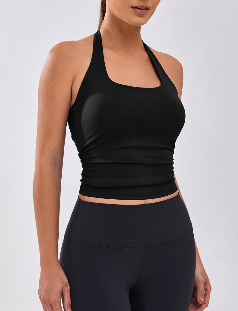 BMJL Womens Halter Built in Bra Workout Sports Tank Tops Buttery Longline Stappy Gym Crop Topsï¼ˆL, Blackï¼‰ - Image 4