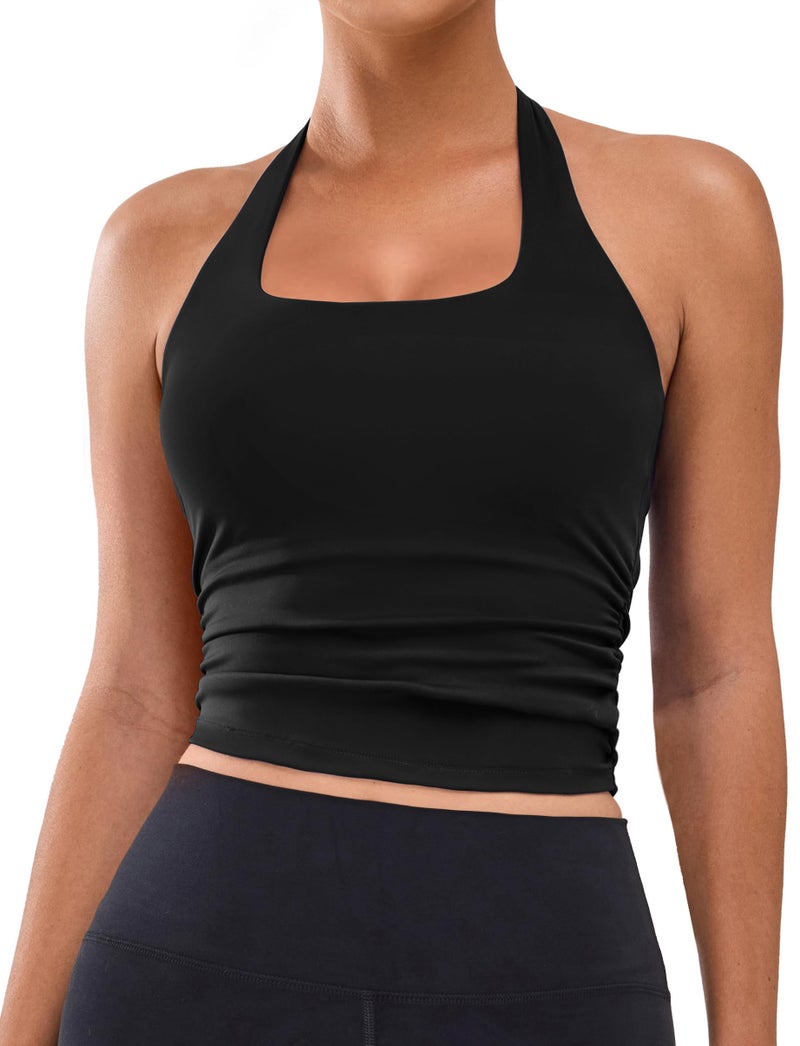BMJL Womens Halter Built in Bra Workout Sports Tank Tops Buttery Longline Stappy Gym Crop Topsï¼ˆL, Blackï¼‰ - Image 1
