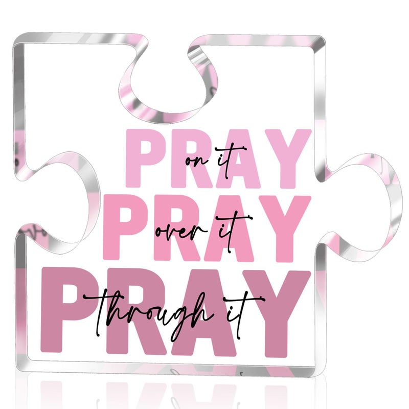 zaxek Religious Plaques Christian Woman Decor Gifts - Pray On It Pray Over It Pray Through It Puzzle Acrylic Sign - Pink Office Desk Accessories Decor Sign  Pink Dorm Room Decor For Women - Long Distance Gifts For Woman (Puzzle) - Image 1