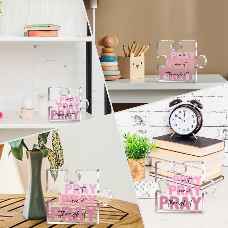 zaxek Religious Plaques Christian Woman Decor Gifts - Pray On It Pray Over It Pray Through It Puzzle Acrylic Sign - Pink Office Desk Accessories Decor Sign  Pink Dorm Room Decor For Women - Long Distance Gifts For Woman (Puzzle) - Image 4
