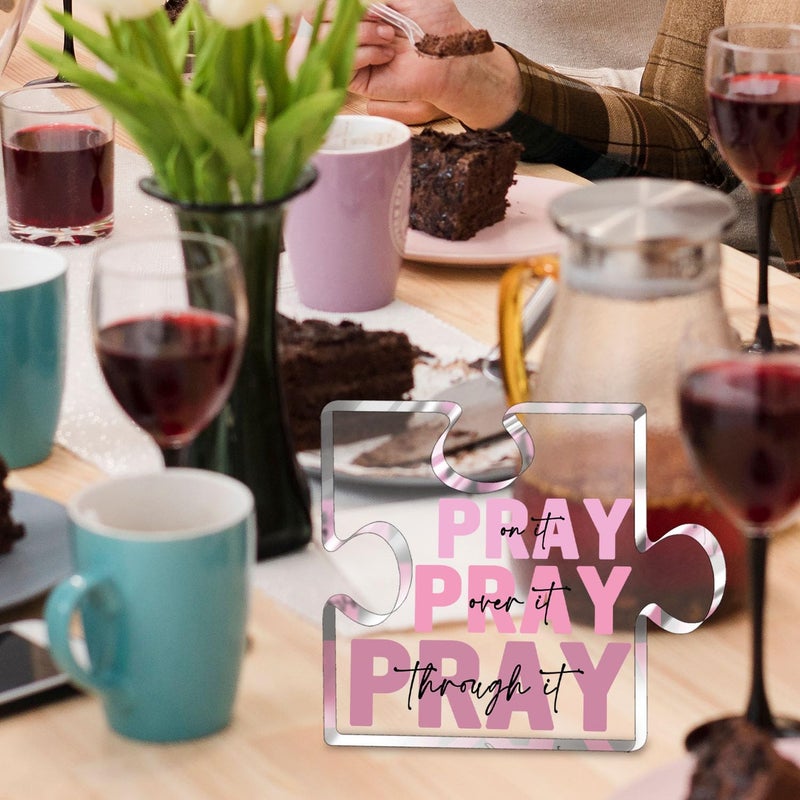 zaxek Religious Plaques Christian Woman Decor Gifts - Pray On It Pray Over It Pray Through It Puzzle Acrylic Sign - Pink Office Desk Accessories Decor Sign  Pink Dorm Room Decor For Women - Long Distance Gifts For Woman (Puzzle) - Image 3
