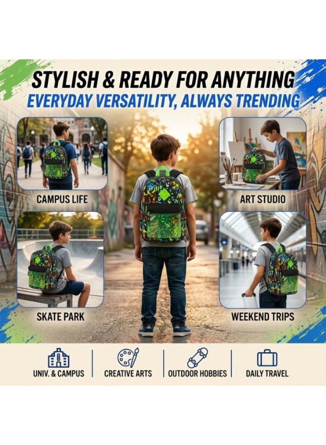 Dealzlot Kids School Backpack for Boys & Girls | Lightweight Polyester Bookbag with Large Main Compartment, Front Zipper Pocket & Adjustable Padded Straps | Casual Daypack for School, Travel & Everyday Use-Streetwear Graffiti Print - Image 2