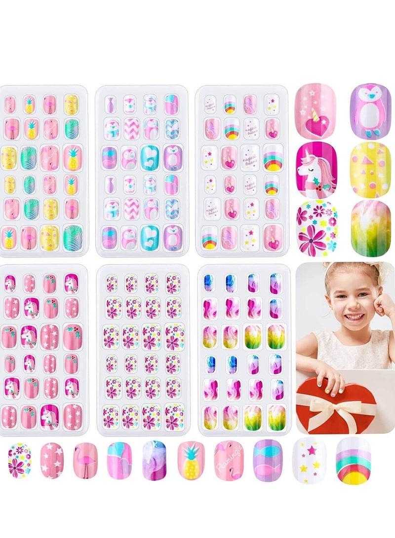 Kids Press on Nails Grils, 144 Pieces Children Fake Artificial False Nail Tips Pre Glue Full Cover Short Acrylic for Girls Kids Art Decoration (Rainbow Sky) (pink) - Image 1