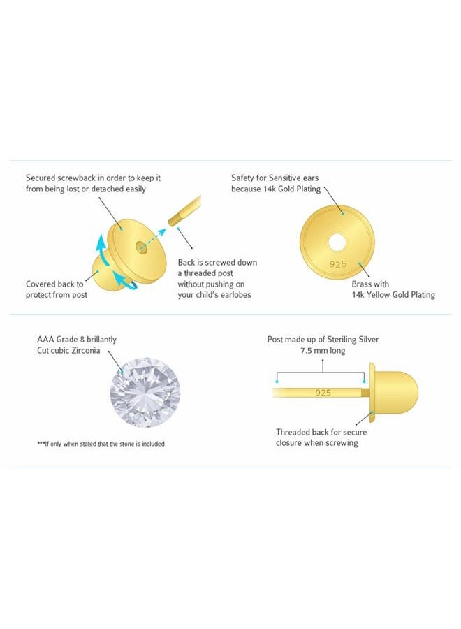 Lovearing 14k Gold Plated Brass Mouse Cubic Zirconia Screwback Baby Girls Earrings with Sterling Silver Post - Image 3