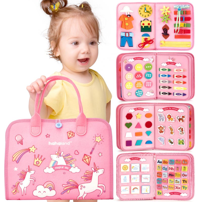 hahaland Busy Board - Montessori Toys for 2 Year Old Girl Birthday Gift - Preschool Learning Activities with Life Skills,ABC,123,Shape,Color,Animal,Weather,Toddler Travel Toys for Ages 2-4 1-3 - Image 1