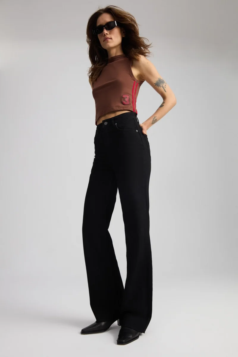 GRIMELANGE Jolanda Women's 100% Cotton Cut Wide Leg Black Jeans