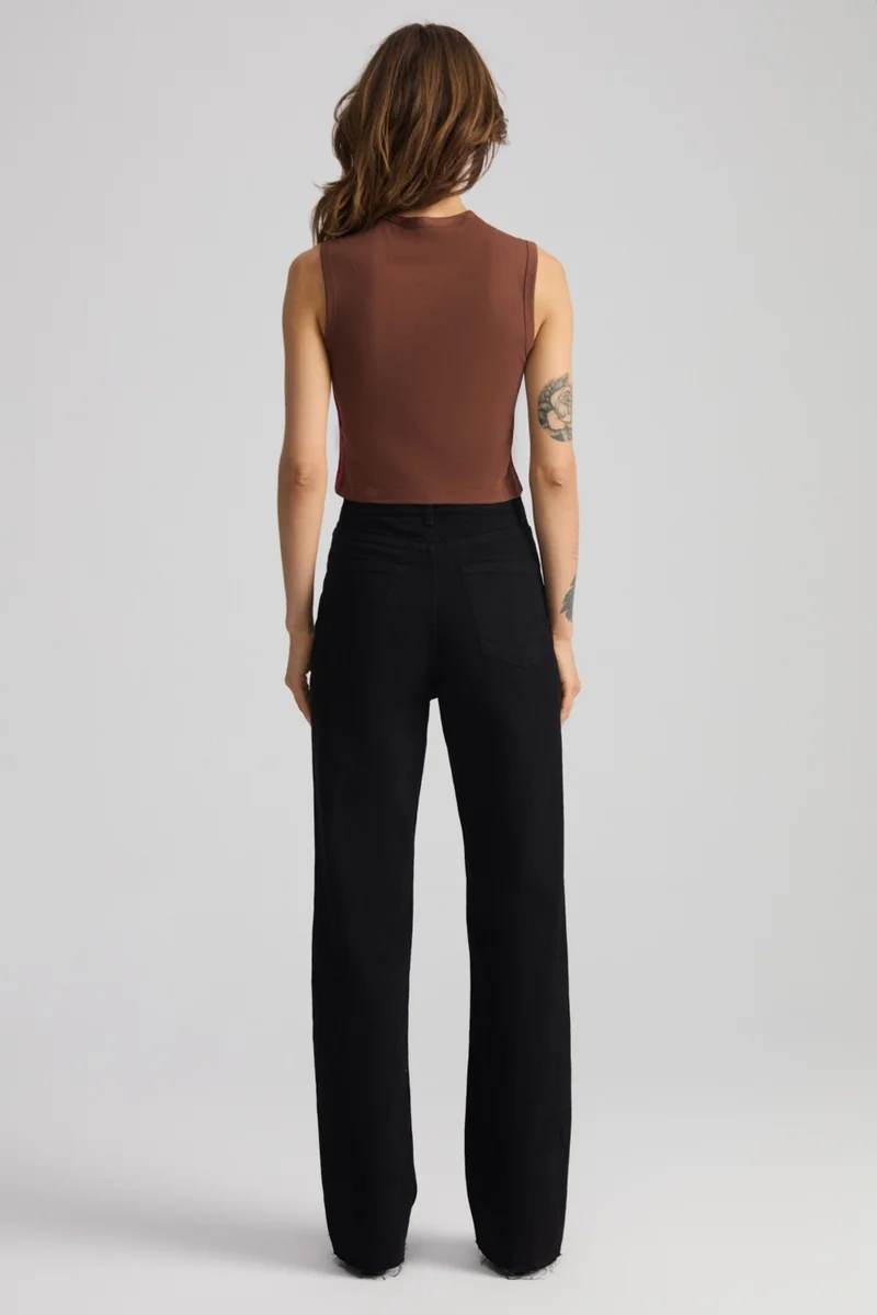 GRIMELANGE Jolanda Women's 100% Cotton Cut Wide Leg Black Jeans