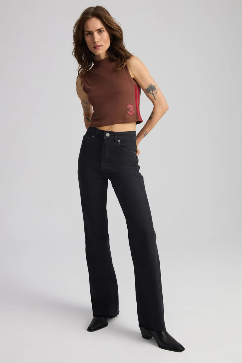 GRIMELANGE Jolanda Women's 100% Cotton Cut Wide Leg Black Jeans