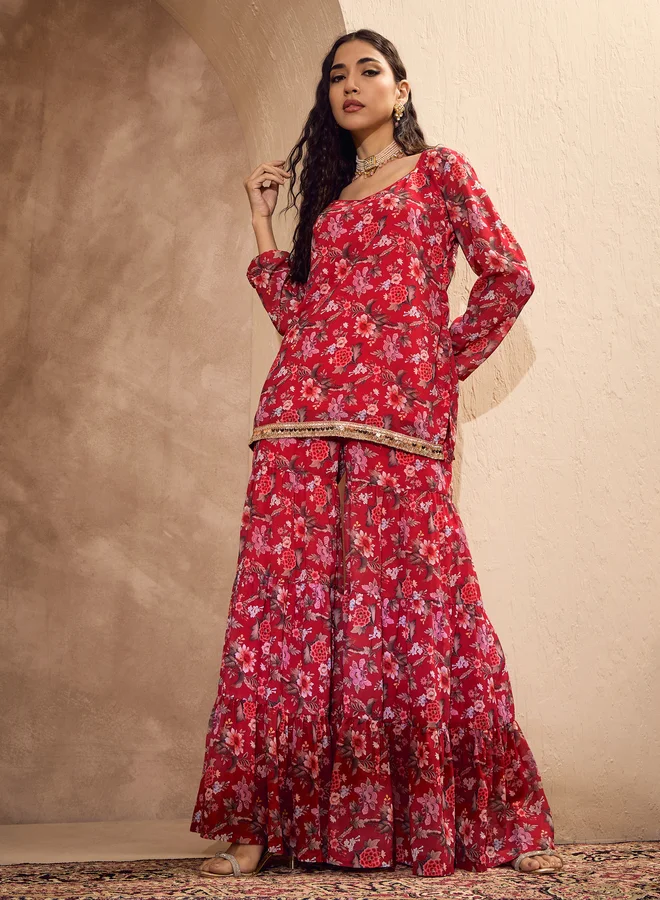SASSAFRAS Floral Print Wide Neck Kurta with Tiered Sharara Set