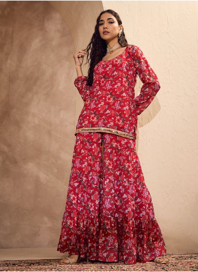 SASSAFRAS Floral Print Wide Neck Kurta with Tiered Sharara Set  - Image 5