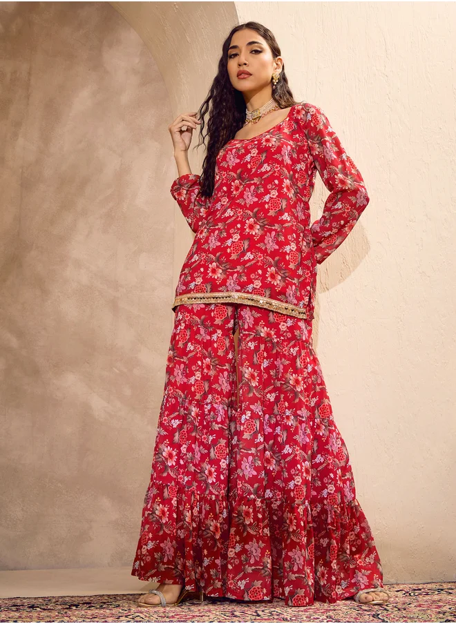 ساسافراس Floral Print Wide Neck Kurta with Tiered Sharara Set