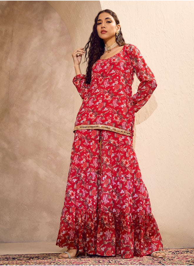 SASSAFRAS Floral Print Wide Neck Kurta with Tiered Sharara Set  - Image 1