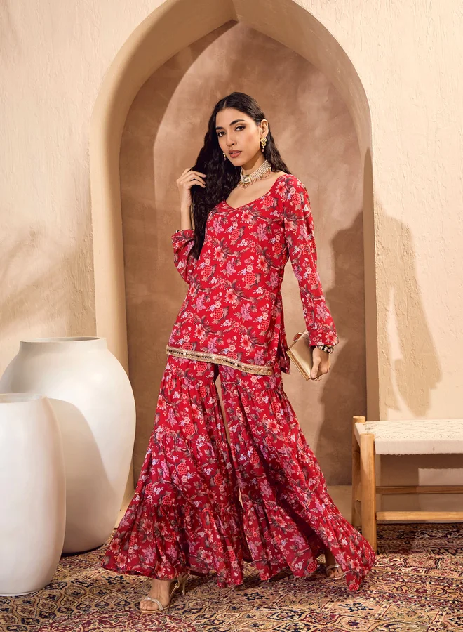 SASSAFRAS Floral Print Wide Neck Kurta with Tiered Sharara Set