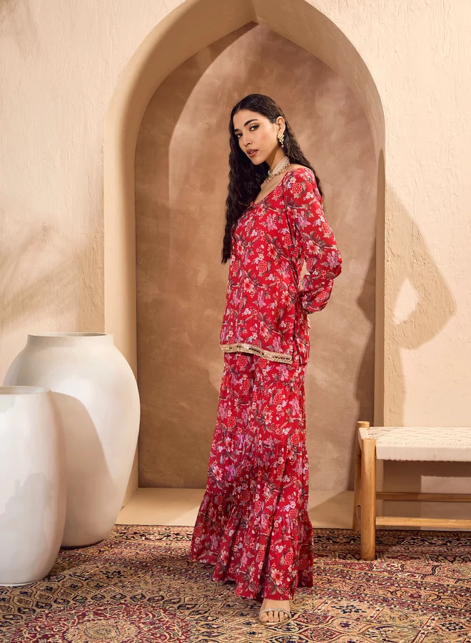 SASSAFRAS Floral Print Wide Neck Kurta with Tiered Sharara Set