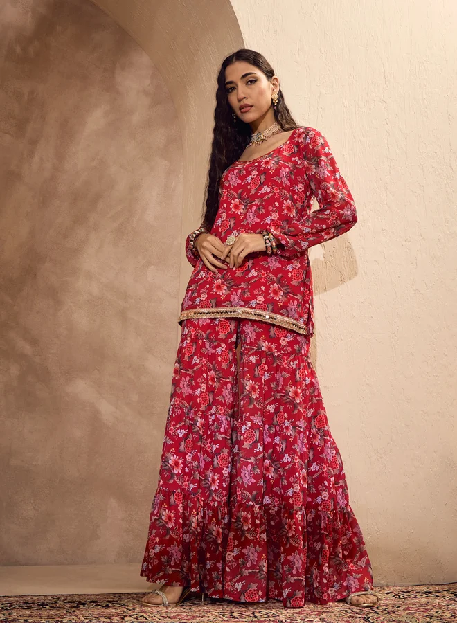 SASSAFRAS Floral Print Wide Neck Kurta with Tiered Sharara Set