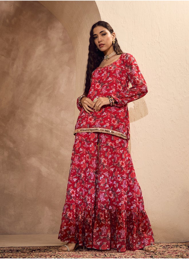 SASSAFRAS Floral Print Wide Neck Kurta with Tiered Sharara Set  - Image 4