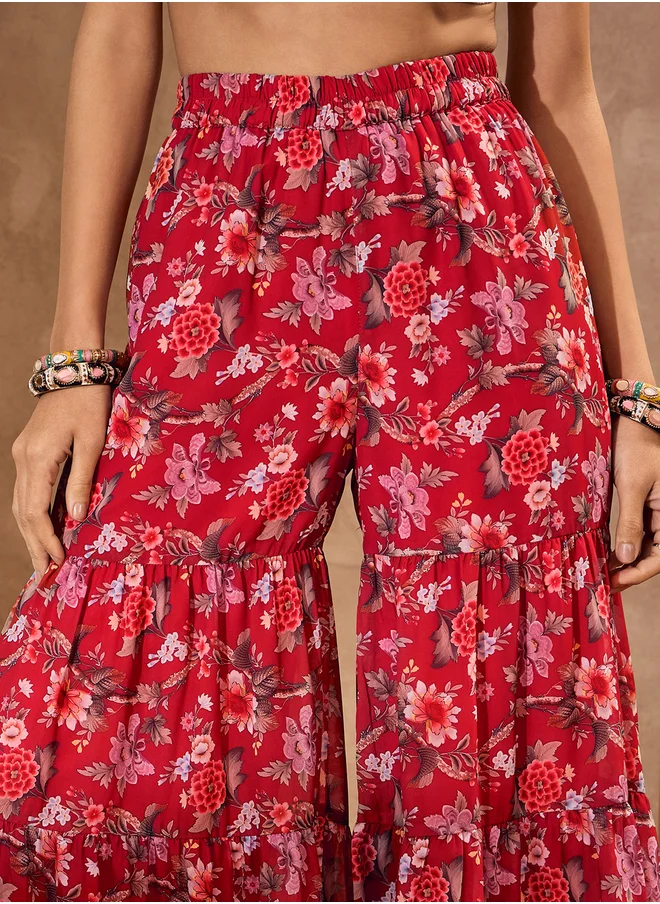 ساسافراس Floral Print Wide Neck Kurta with Tiered Sharara Set