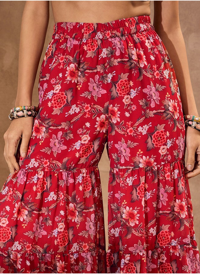 SASSAFRAS Floral Print Wide Neck Kurta with Tiered Sharara Set  - Image 2