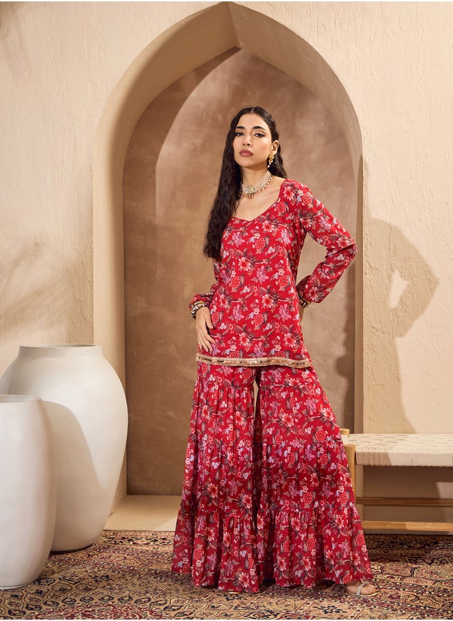 SASSAFRAS Floral Print Wide Neck Kurta with Tiered Sharara Set  - Image 3
