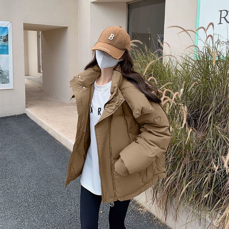 Womens Korean-Style Loose Cotton Jacket, College Style Thickened Student Puffer Coat, Trendy Versatile Outerwear Brown