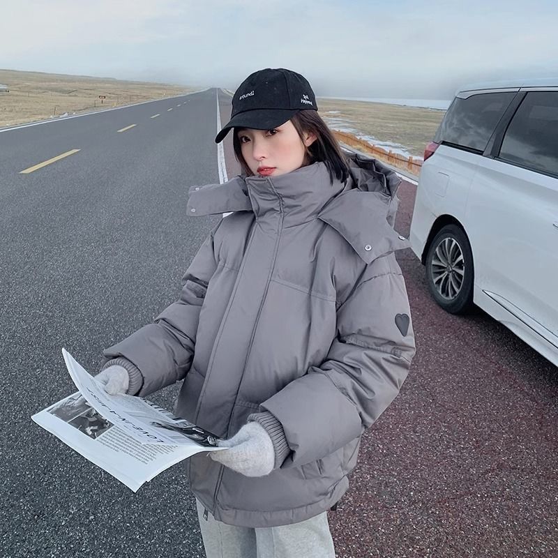 Womens Korean-Style Loose Cotton Jacket, College Style Thickened Student Puffer Coat, Trendy Versatile Outerwear Brown