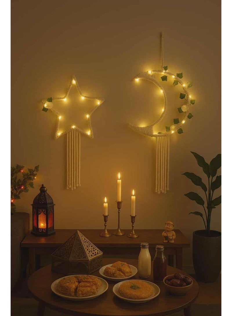 ناما الطقم ٢ قطعه هلال ونجمه متقفلين مكرميه قطن مقاس كل قطعه ٣٠سم الطقم متزين بزرع اخضر صناعي مطعم بورد فوم شيك جدا معاه ٢ فرع ليد سلك وورم بيعمل بالبطاريه مع امكانيه تغير ٣ انماط للاضاءه - Image 5