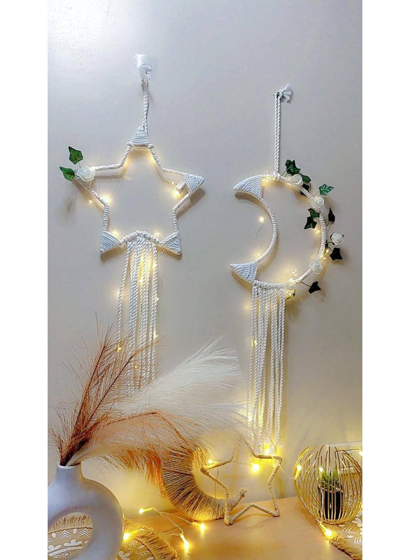 ناما الطقم ٢ قطعه هلال ونجمه متقفلين مكرميه قطن مقاس كل قطعه ٣٠سم الطقم متزين بزرع اخضر صناعي مطعم بورد فوم شيك جدا معاه ٢ فرع ليد سلك وورم بيعمل بالبطاريه مع امكانيه تغير ٣ انماط للاضاءه - Image 1