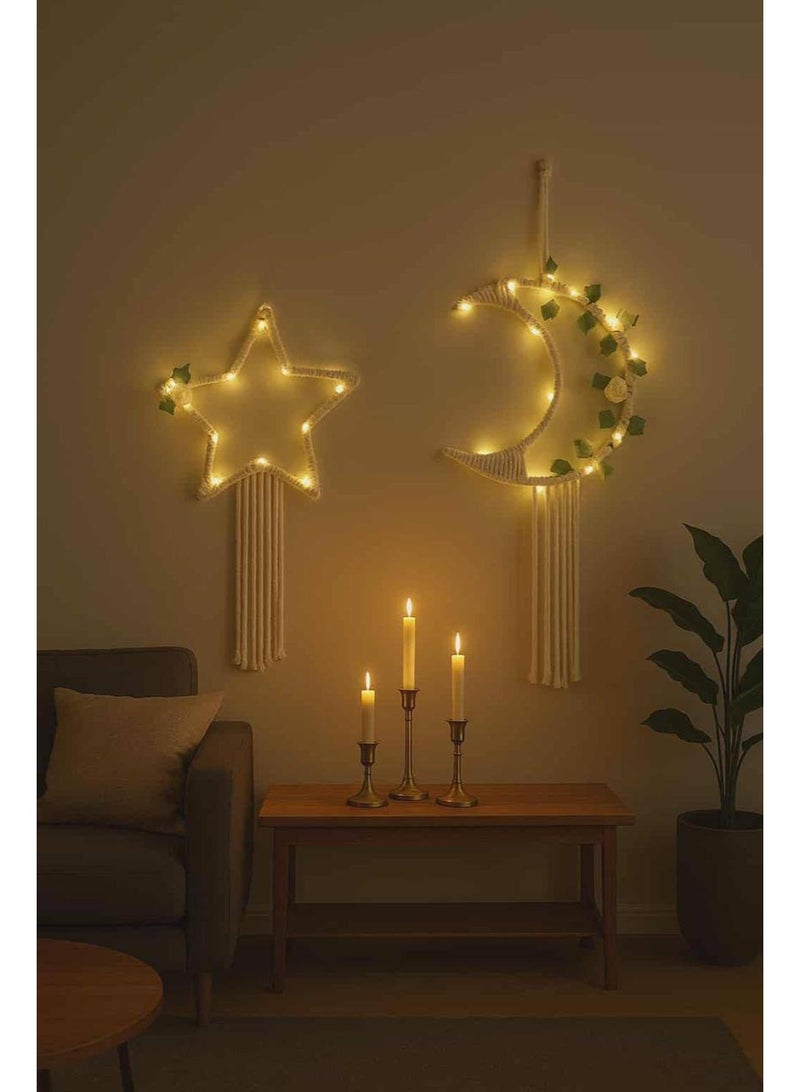 ناما الطقم ٢ قطعه هلال ونجمه متقفلين مكرميه قطن مقاس كل قطعه ٣٠سم الطقم متزين بزرع اخضر صناعي مطعم بورد فوم شيك جدا معاه ٢ فرع ليد سلك وورم بيعمل بالبطاريه مع امكانيه تغير ٣ انماط للاضاءه - Image 4