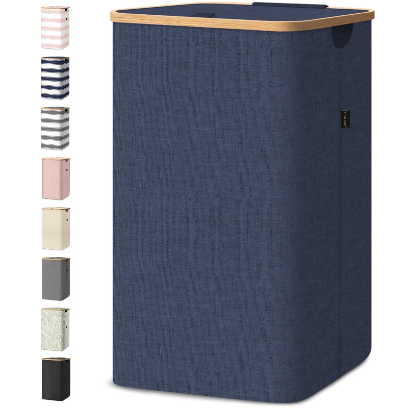 BALEINE Laundry Hamper with Lid, Tall Laundry Baskets with Bamboo Pull Handles, Large Laundry Bin with Internal Support (18 Gal/70L, Blue) - Image 1
