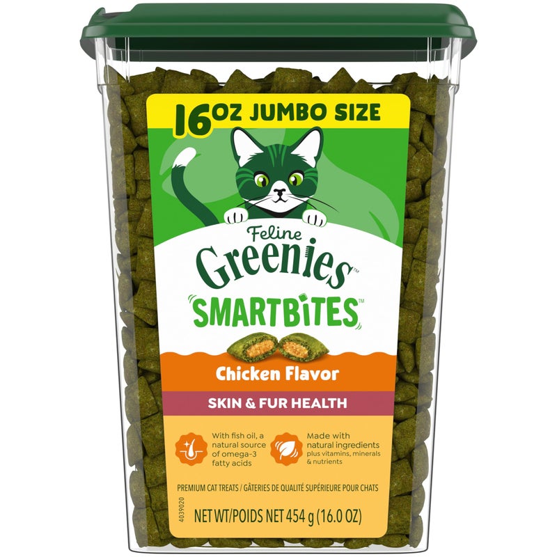 Greenies Cat Treats, Feline Smartbites, Skin & Fur Health, Crunchy and Soft Cat Treats, Chicken Flavor, 16 oz. Tub - Image 1
