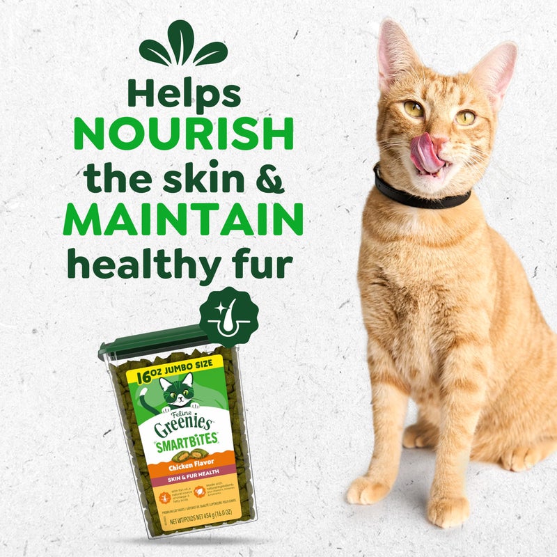 Greenies Cat Treats, Feline Smartbites, Skin & Fur Health, Crunchy and Soft Cat Treats, Chicken Flavor, 16 oz. Tub - Image 2