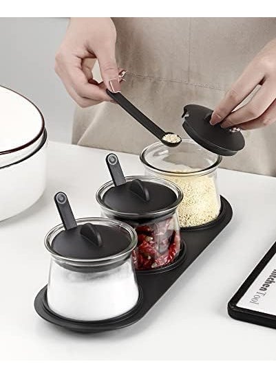 RAGYULA RAGYULA 3 Pcs Set Glass Pickle Jar with Tray Spoons Kitchen Storage Container Serving Dryfruit Spices Sauces Chutney Masala Mukhwas Achar Masala Box Condiment Set Transparent  - Image 3