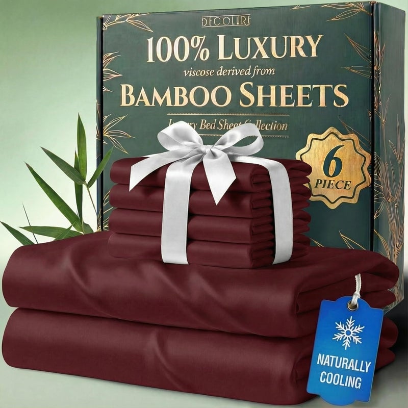 DECOLURE 100 Viscose Derived from Bamboo Sheets King Size Luxury 6 Pc Naturally Cooling Sheets Ultra Soft Bed Set Deep 17 Pockets Durable Double Stitching Oeko Tex Standard Burgundy