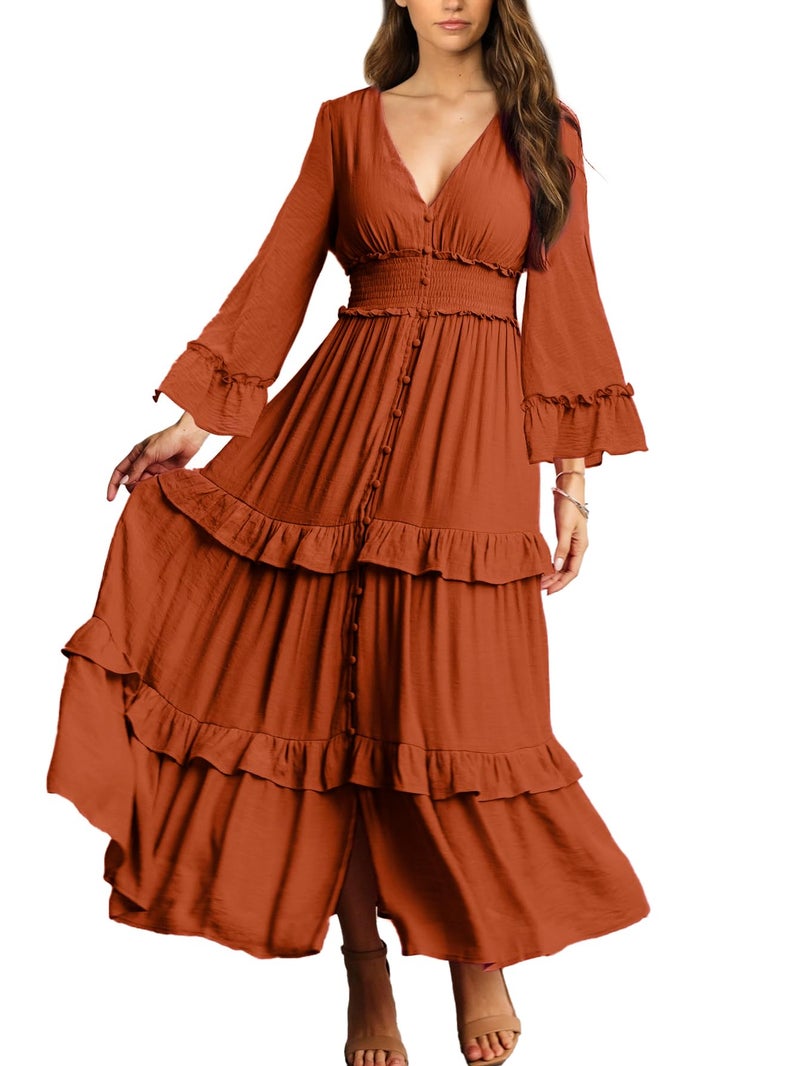 Amegoya Women's V Neck Long Sleeve Boho Maxi Dress Smocked Empire Waist Flowy Ruffle Tiered Photoshoot Dress (Burnt Orange XL) - Image 1