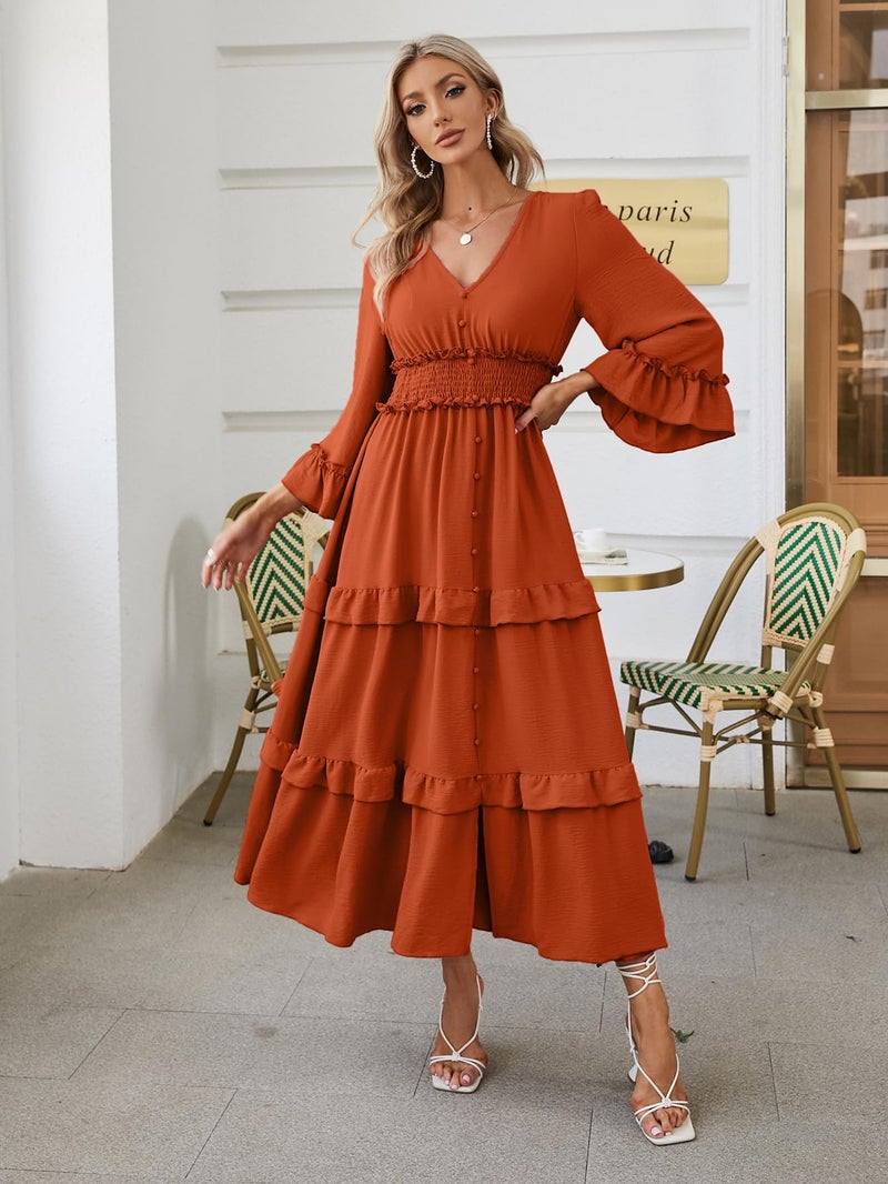 Amegoya Women's V Neck Long Sleeve Boho Maxi Dress Smocked Empire Waist Flowy Ruffle Tiered Photoshoot Dress (Burnt Orange XL) - Image 3