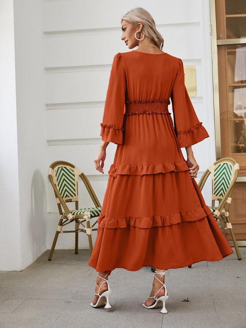 Amegoya Women's V Neck Long Sleeve Boho Maxi Dress Smocked Empire Waist Flowy Ruffle Tiered Photoshoot Dress (Burnt Orange XL) - Image 4
