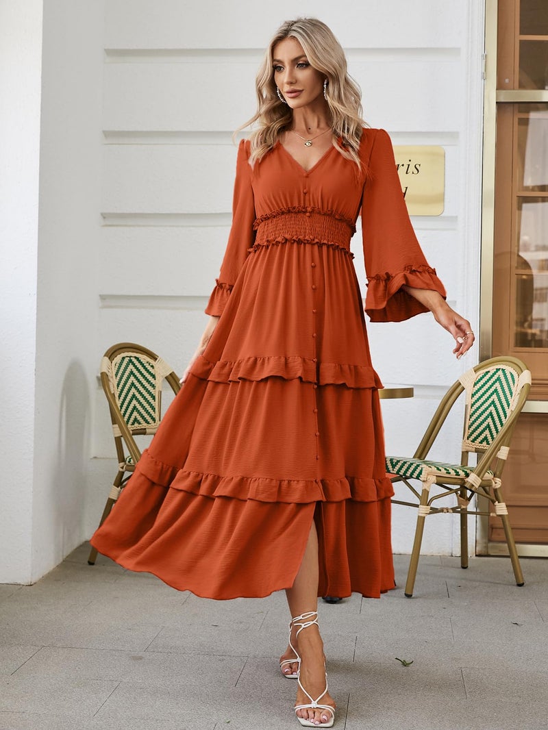 Amegoya Women's V Neck Long Sleeve Boho Maxi Dress Smocked Empire Waist Flowy Ruffle Tiered Photoshoot Dress (Burnt Orange XL) - Image 2