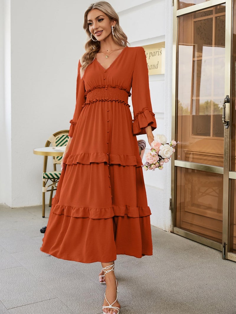 Amegoya Women's V Neck Long Sleeve Boho Maxi Dress Smocked Empire Waist Flowy Ruffle Tiered Photoshoot Dress (Burnt Orange XL) - Image 5