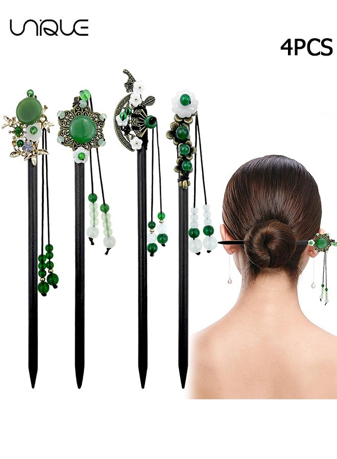 Unique 4 Pack Chinese Hair Stick for Buns Chinese Green Beads Flowers Hair Chopsticks Elegant Vintage Tassel Hair Stick Classical Styling Accessories for Women and Girls (4 Styles) - Image 1