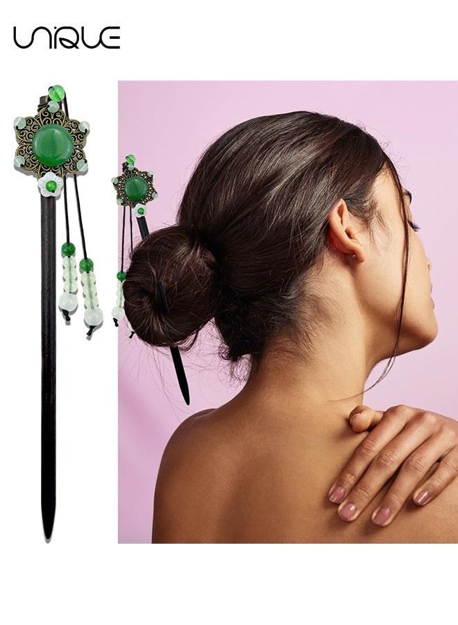 Unique 4 Pack Chinese Hair Stick for Buns Chinese Green Beads Flowers Hair Chopsticks Elegant Vintage Tassel Hair Stick Classical Styling Accessories for Women and Girls (4 Styles) - Image 4