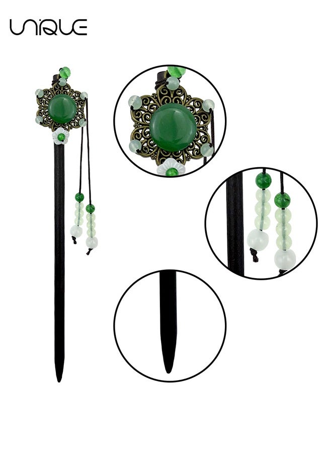 Unique 4 Pack Chinese Hair Stick for Buns Chinese Green Beads Flowers Hair Chopsticks Elegant Vintage Tassel Hair Stick Classical Styling Accessories for Women and Girls (4 Styles) - Image 3