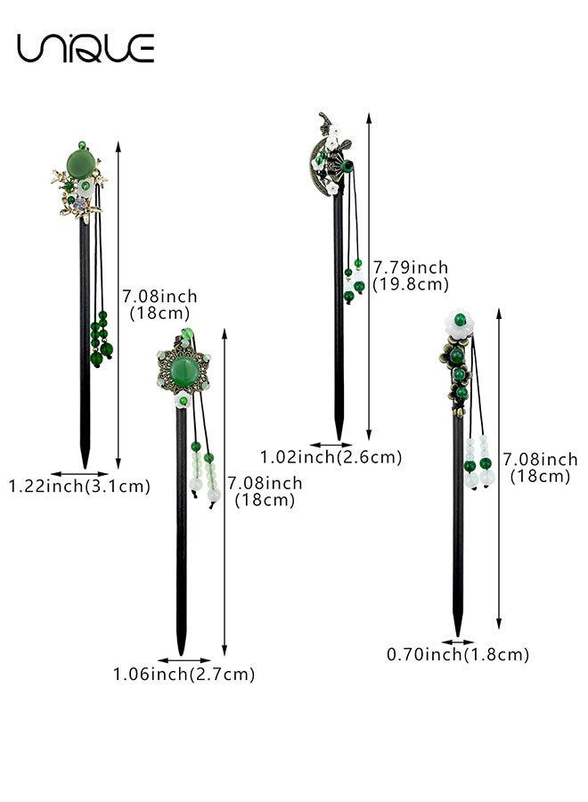 Unique 4 Pack Chinese Hair Stick for Buns Chinese Green Beads Flowers Hair Chopsticks Elegant Vintage Tassel Hair Stick Classical Styling Accessories for Women and Girls (4 Styles) - Image 2