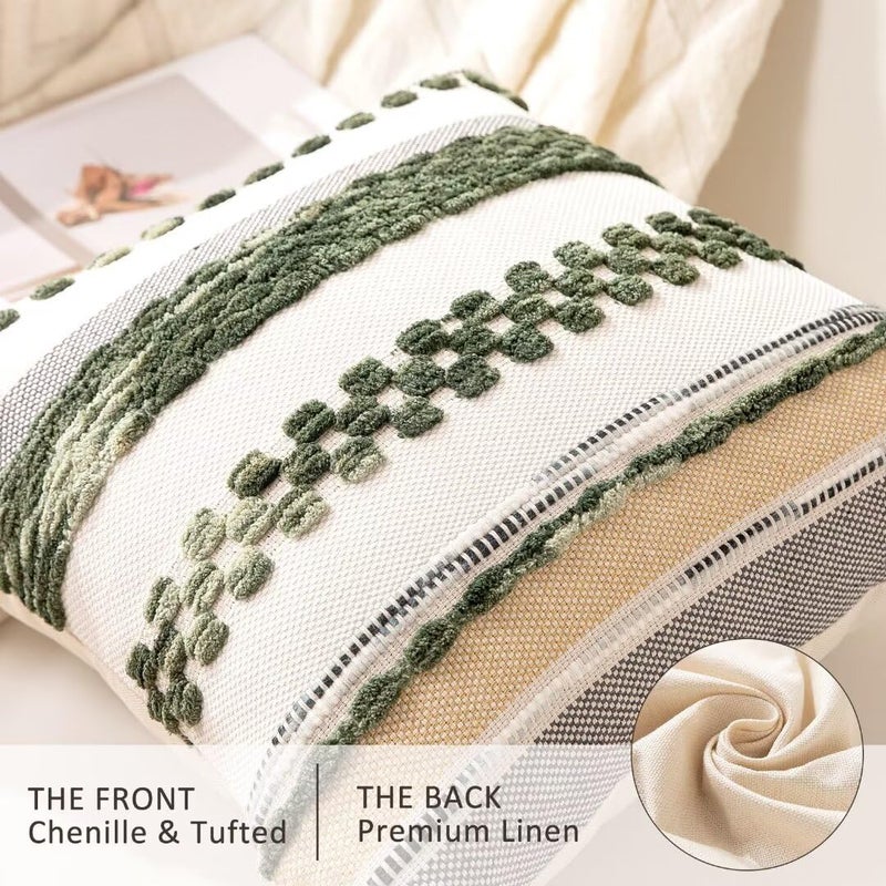 WANLIRD Boho Throw Pillow Covers 18x18 Set of 2 Christmas Decorative Cushion Case Striped Square Pillows Cover Chenille Pillow Cases Accent Neutral Pillowcase for Sofa Couch Bed,Dark Green - Image 2